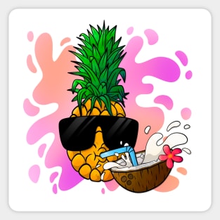 Cool pineapple with sunglasses drinking coconut juice. Sticker